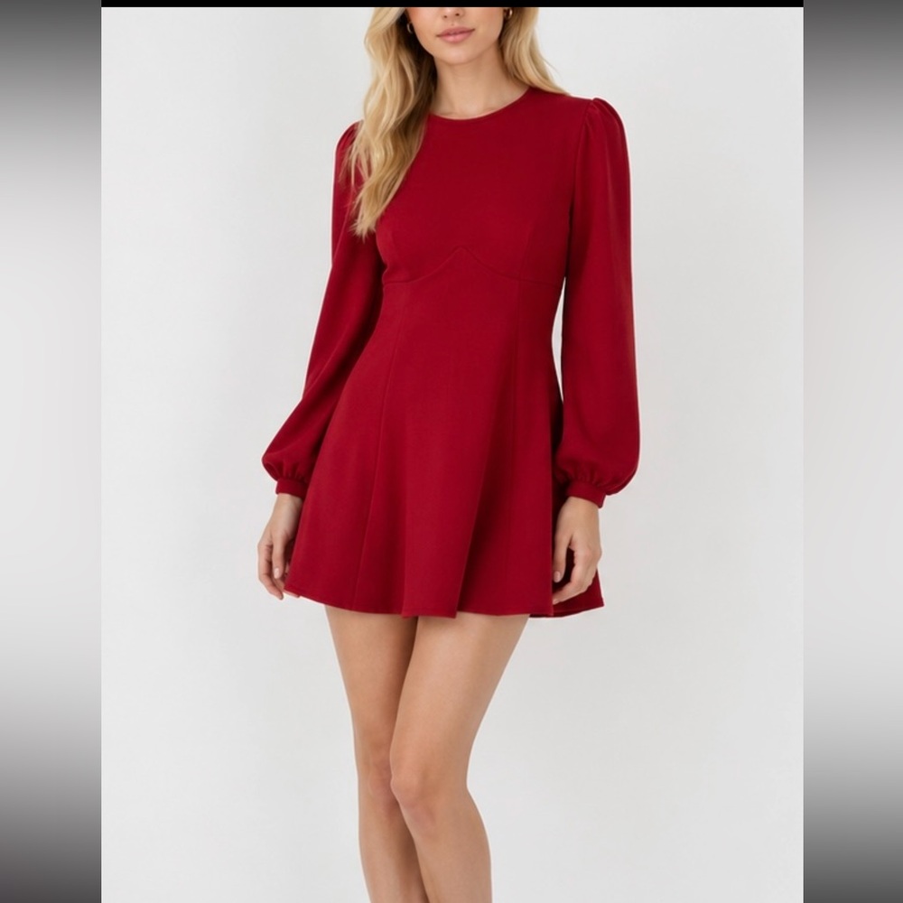 Boohoo Red Long-Sleeve Mini Fit & Flare Dress